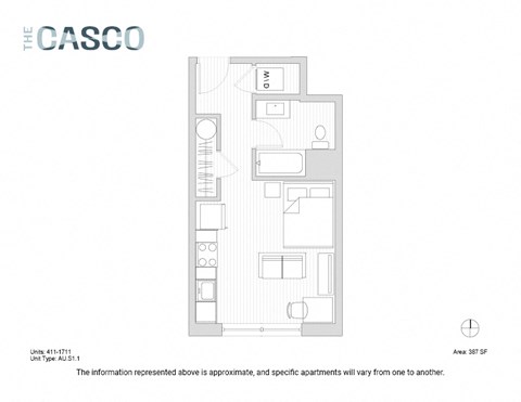Floor plan for studio, 1 bath, 387 sqft